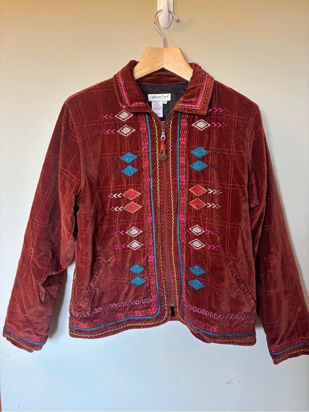 Coldwater Creek Brick Red Velvet Jacket with Multicolor Embroidery